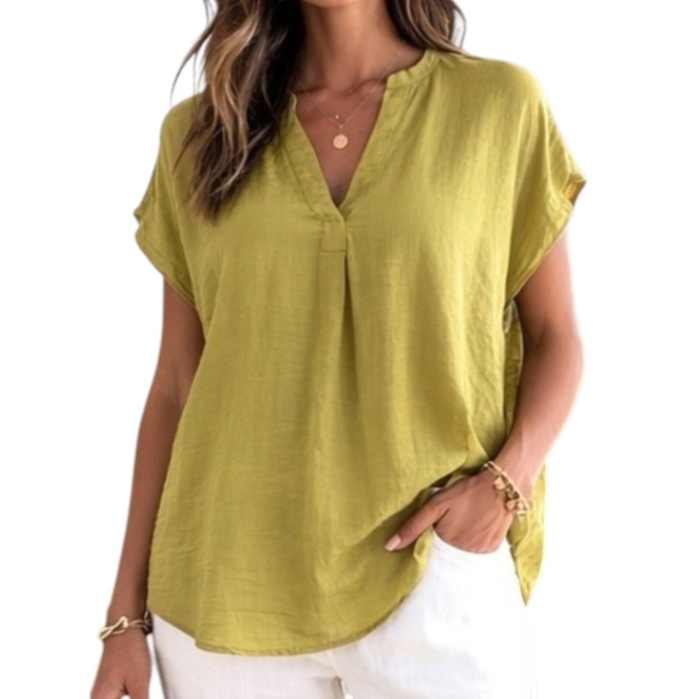 MAISON D'AMELIE Chartreuse Green/Yellow Flowy Crinkle Silky POPOVER TOP V-Neck M